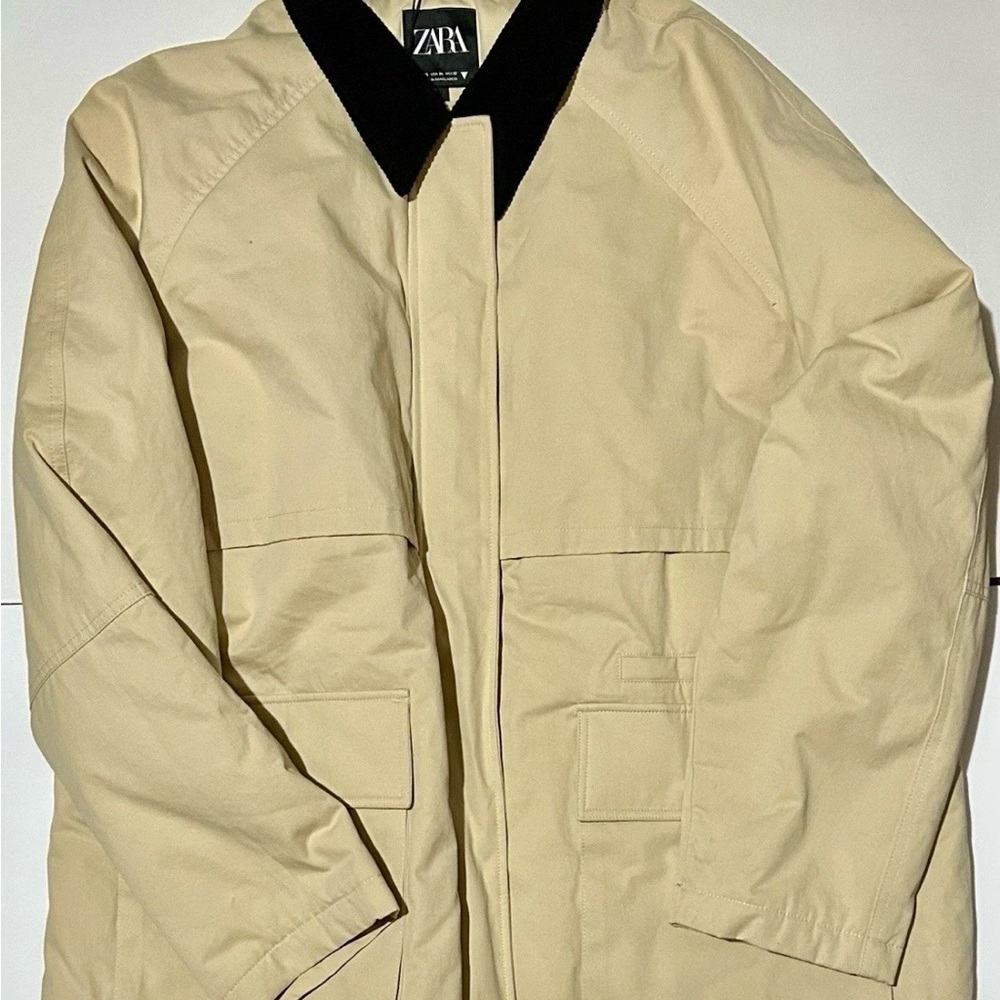 Zara Women's Beige Barn Jacket with corduroy Black Collar XL NWT